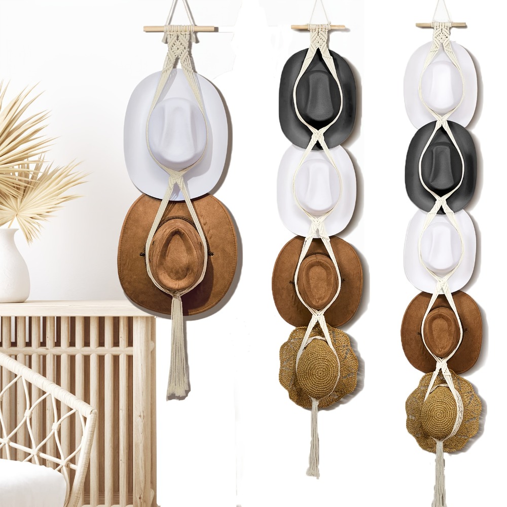 Sun Hat Wide Brim - Boheemse macrame hoedenhanger, handgeweven wandmontage opbergrek